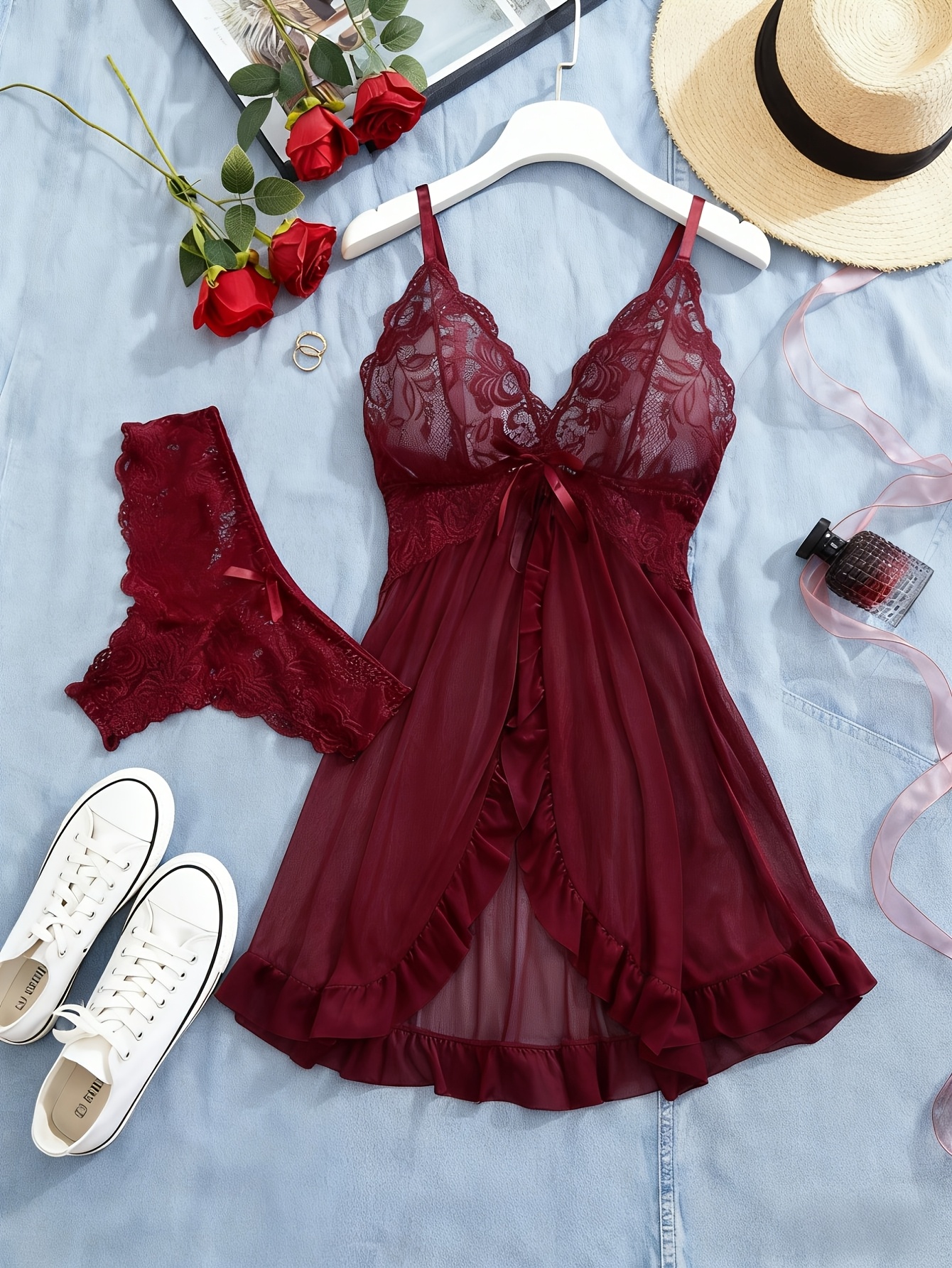 Front-Closure Mesh Camisole Set — Burgundy (Photo 1 of 5)